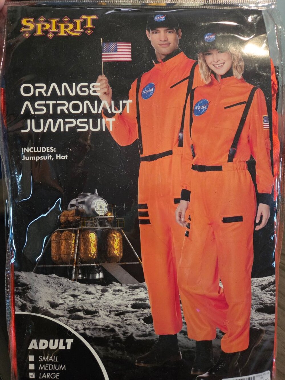 Spirit Halloween Orange Astronaut Jumpsuit Adult Size Large NASA Costume Set